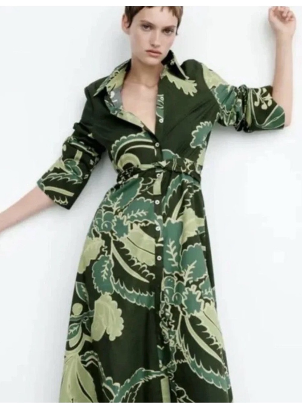 Zara Dark Green & Light Green Printed Maxi Shirt Dress